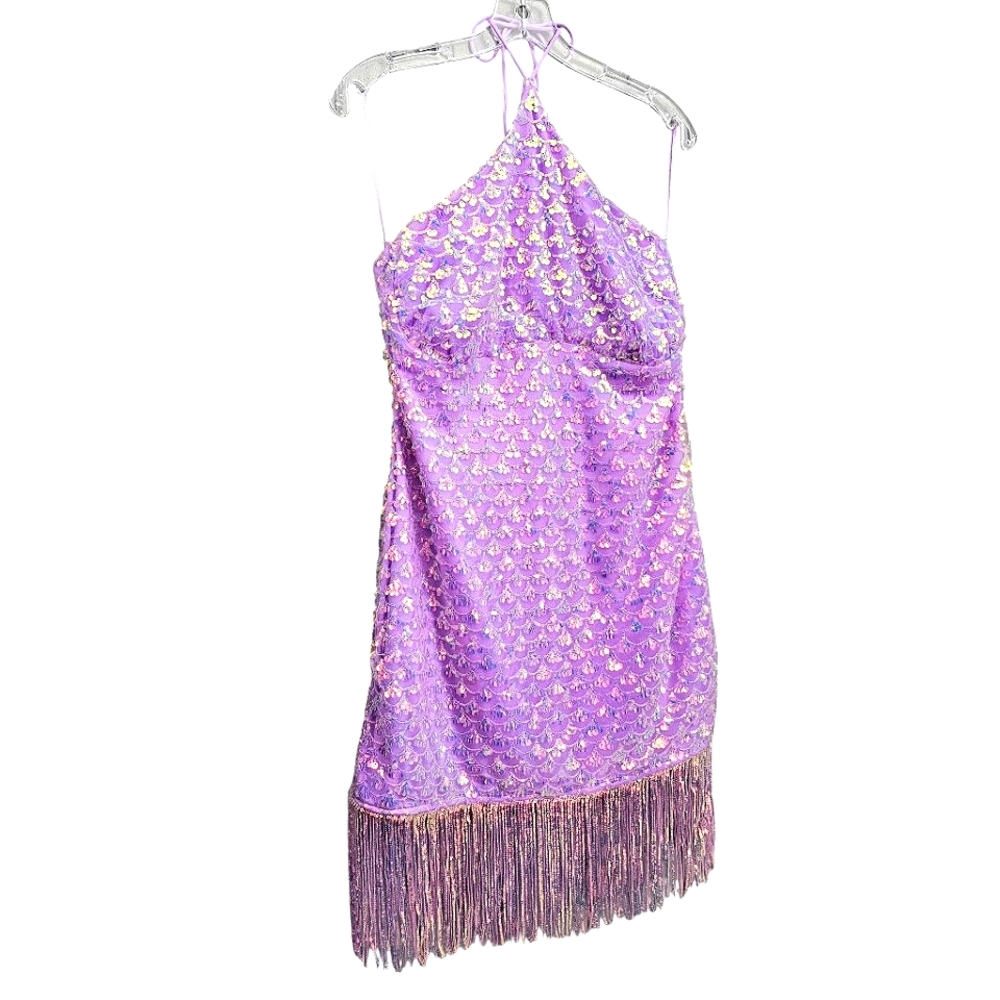 Nwt Fashion Nova Lavender Iradecent Sequin Vitamin Sea Halter Fringed Mini Dress - Picture 6 of 17